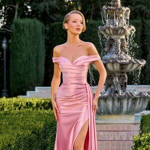 New Rose Off The Shoulder Luxury Sheath Gown w/ Side Drape & Leg Slit CD393